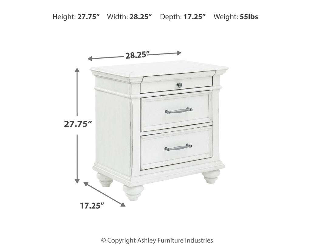 Kanwyn Whitewash King Upholstered Panel Bed, Dresser and Nightstand