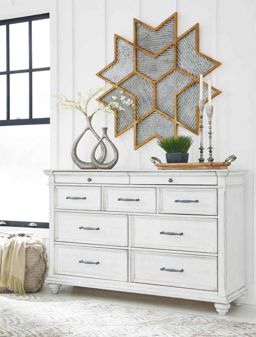 Kanwyn Whitewash King Upholstered Panel Bed, Dresser and Nightstand