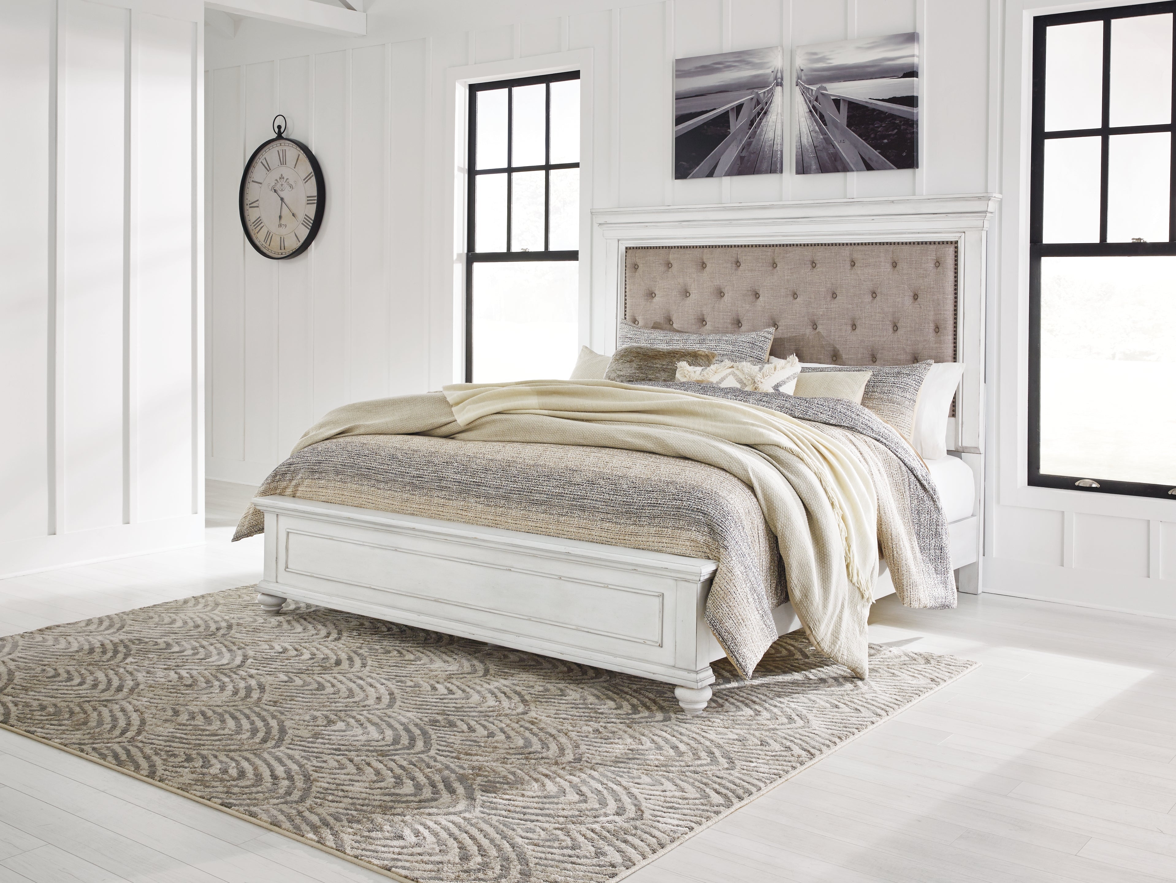 Kanwyn Whitewash King Upholstered Panel Bed, Dresser and Nightstand
