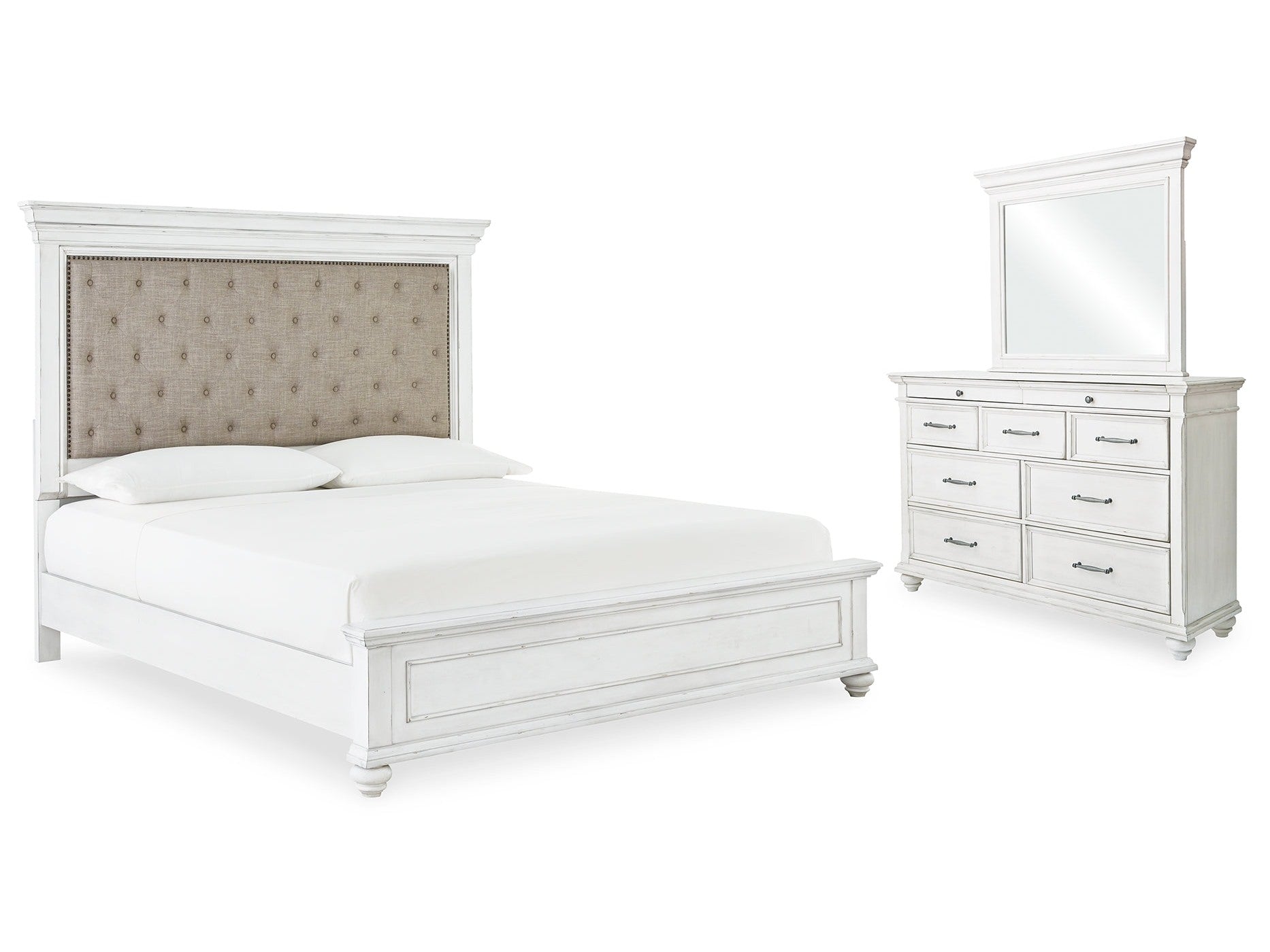 Kanwyn Whitewash Queen Bedroom Set with Mirrored Dresser