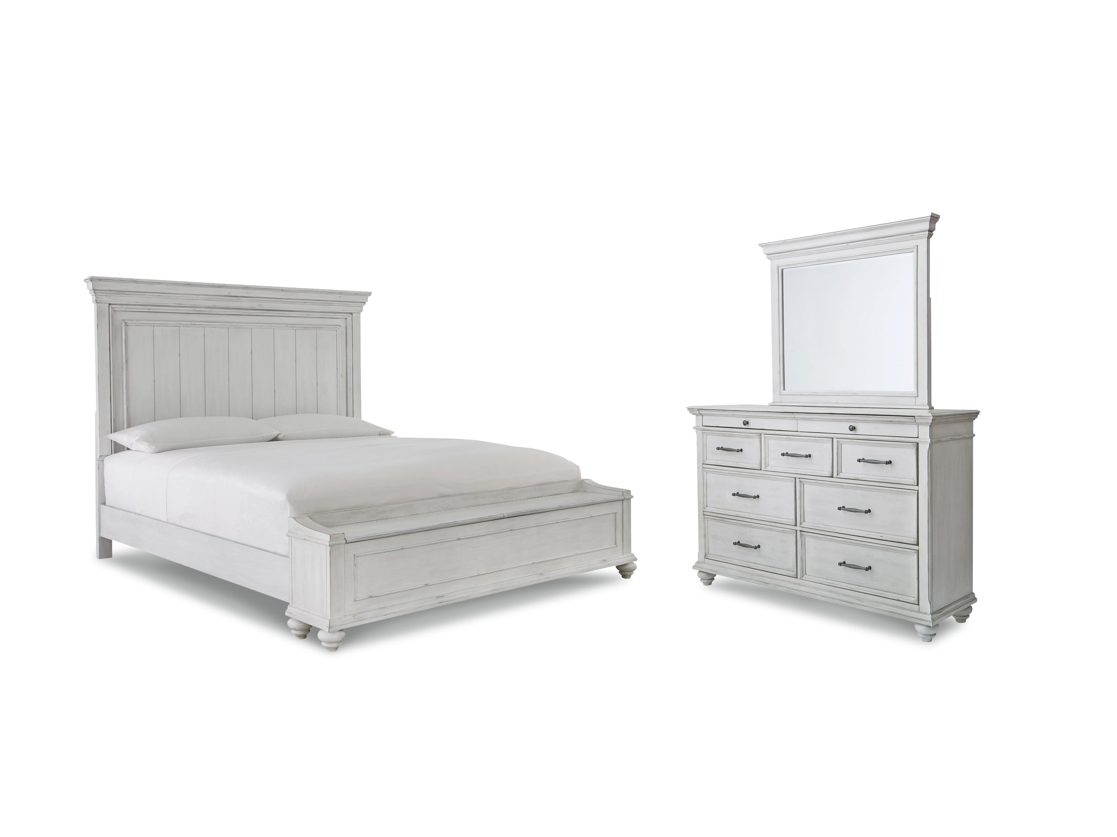 Kanwyn Whitewash Queen Bedroom Set with Mirrored Dresser