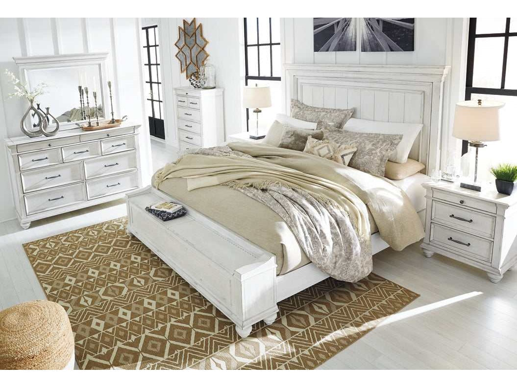 Kanwyn Whitewash Queen Panel Bedroom Set w/ Storage Bench / 5pc