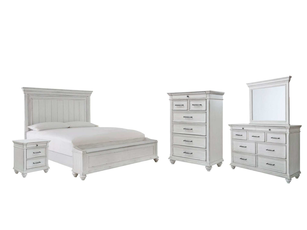 Kanwyn Whitewash Queen Panel Bedroom Set w/ Storage Bench / 5pc