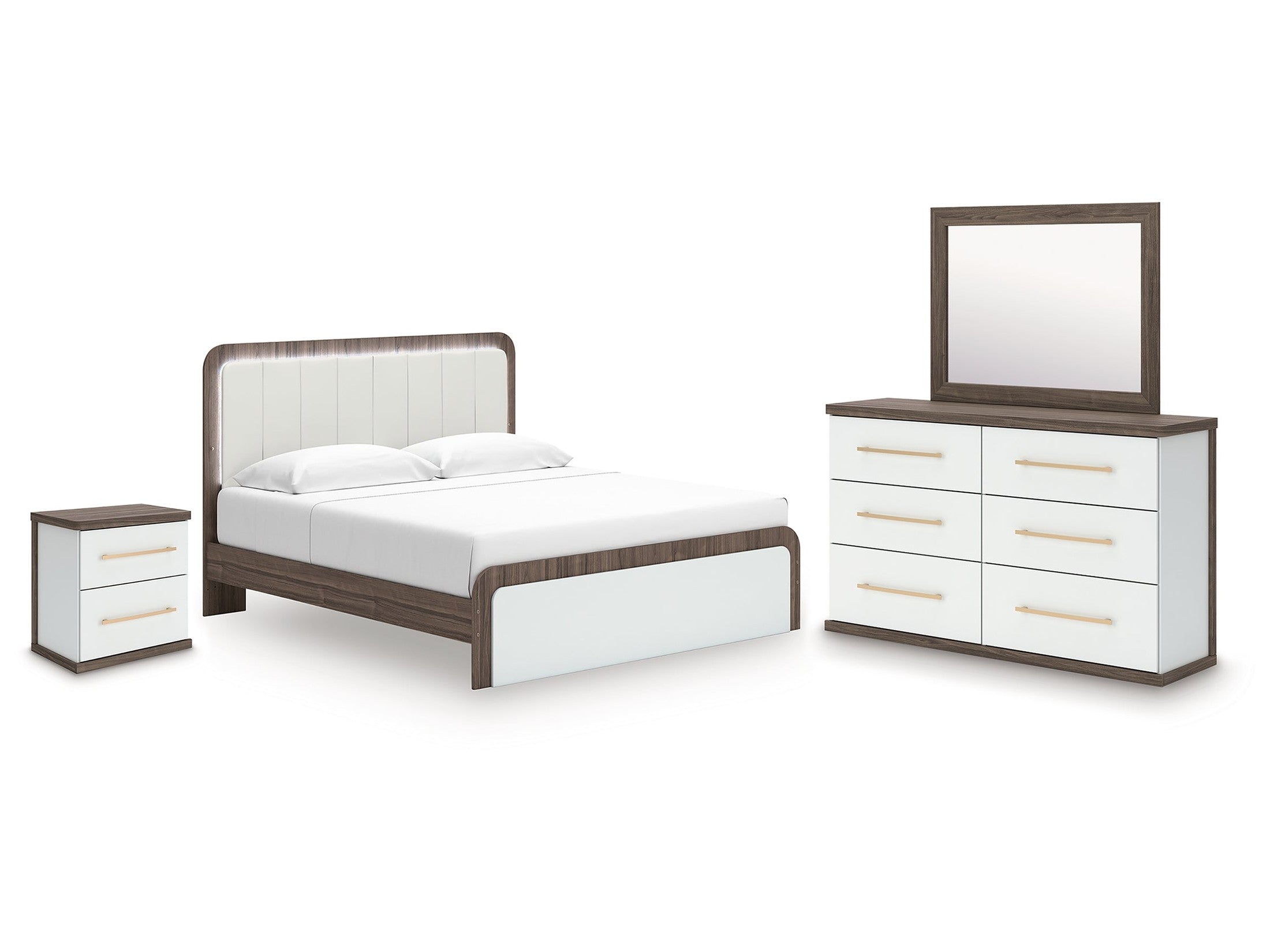 Kendanport /White King Platform Bed, Dresser, Mirror and Nightstand, Brown