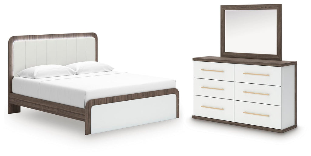Kendanport Brown/White King Upholstered Bed, Dresser and Mirror