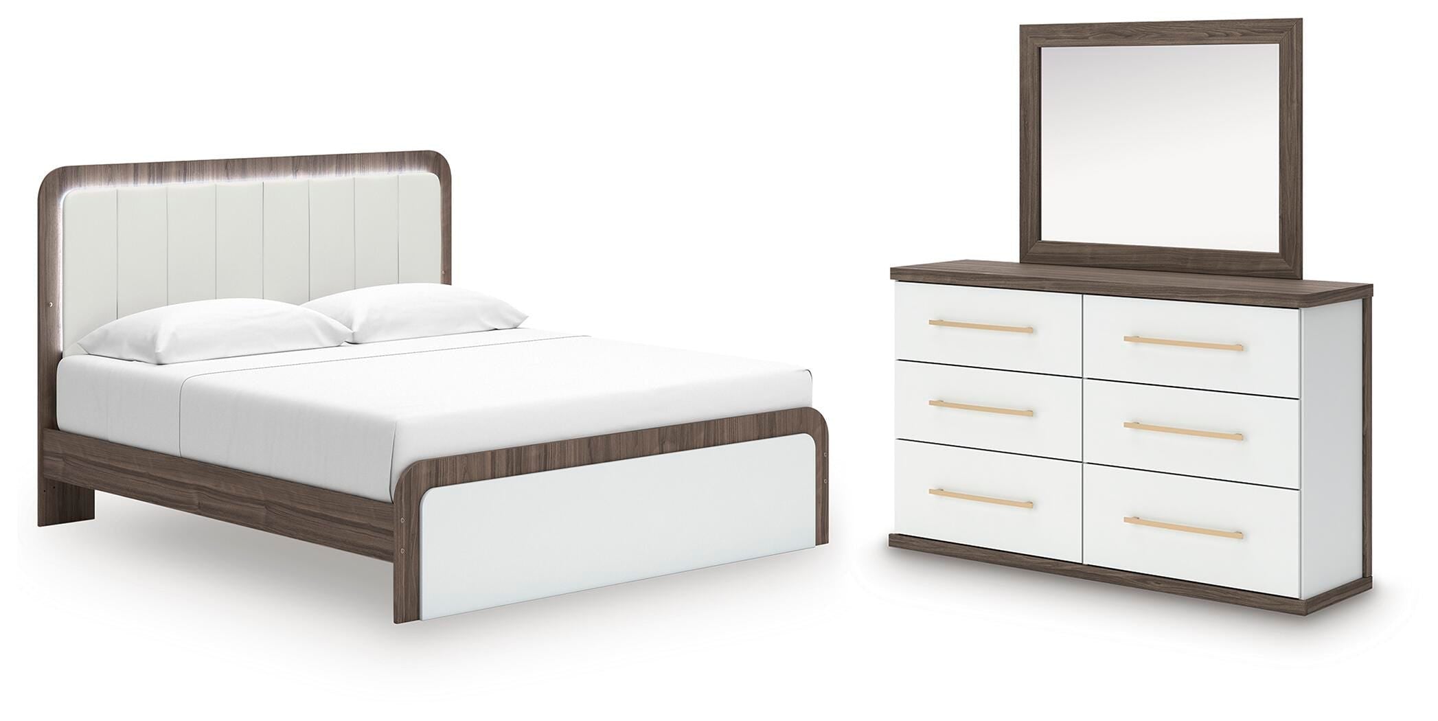 Kendanport Brown/White King Upholstered Bed, Dresser and Mirror