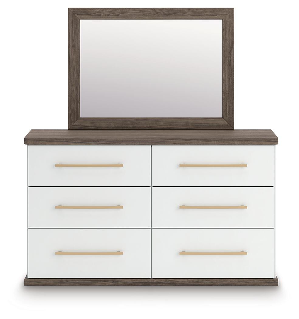 Kendanport Brown/White King Upholstered Bed, Dresser and Mirror