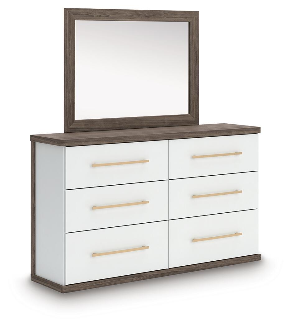 Kendanport Brown/White King Upholstered Bed, Dresser and Mirror