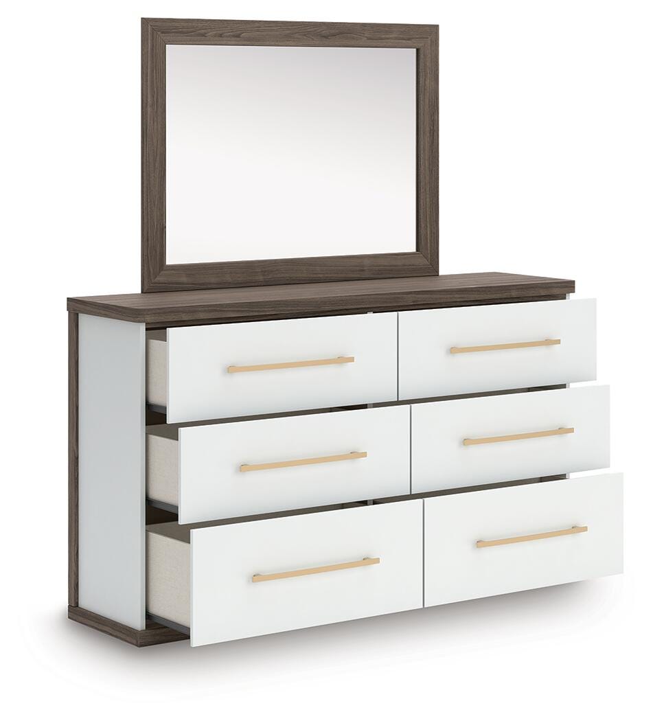 Kendanport Brown/White King Upholstered Bed, Dresser and Mirror