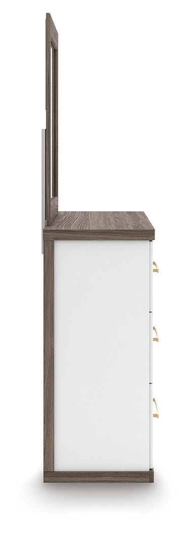 Kendanport Brown/White King Upholstered Bed, Dresser and Mirror