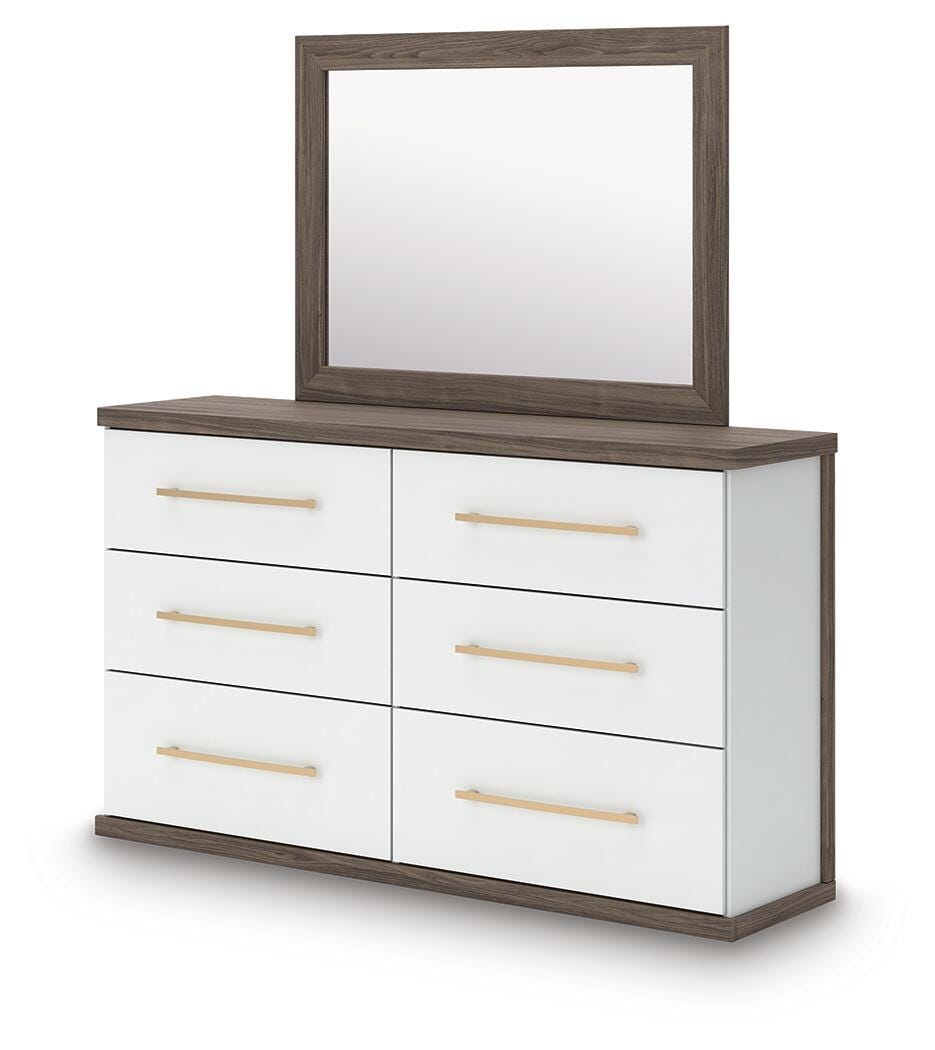 Kendanport Brown/White King Upholstered Bed, Dresser and Mirror