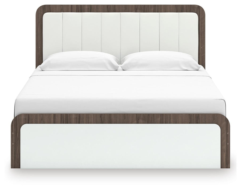 Kendanport Brown/White King Upholstered Bed, Dresser and Mirror