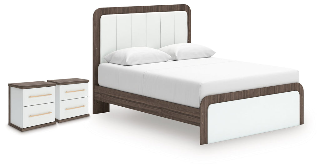 Kendanport Brown/White Queen Upholstered Bed and 2 Nightstands