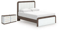 Kendanport Brown/White Queen Upholstered Bed and 2 Nightstands
