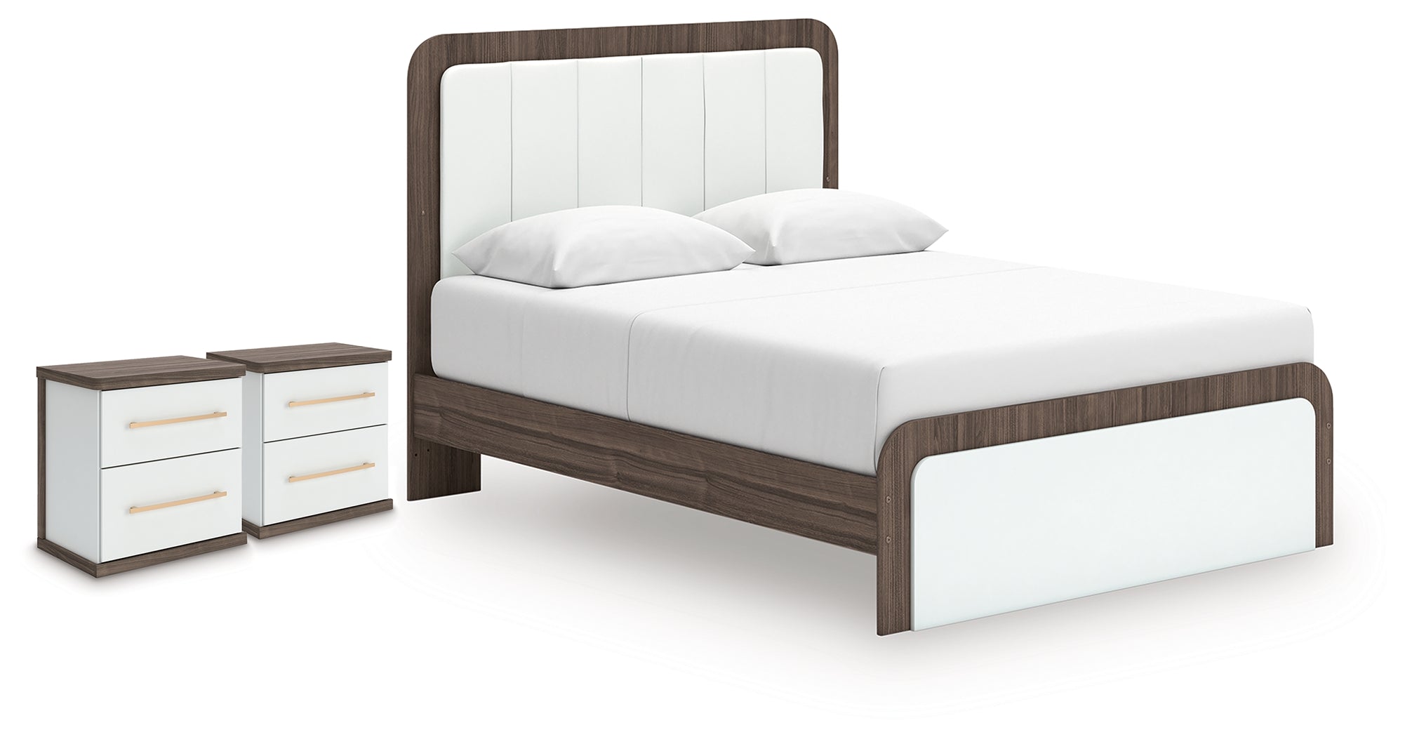 Kendanport Brown/White Queen Upholstered Bed and 2 Nightstands