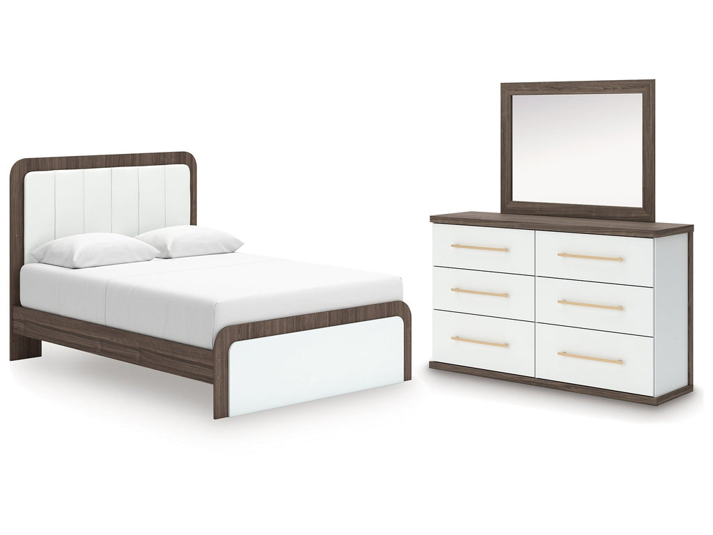Kendanport /White Queen Upholstered Platform Bed, Dresser and Mirror, Brown