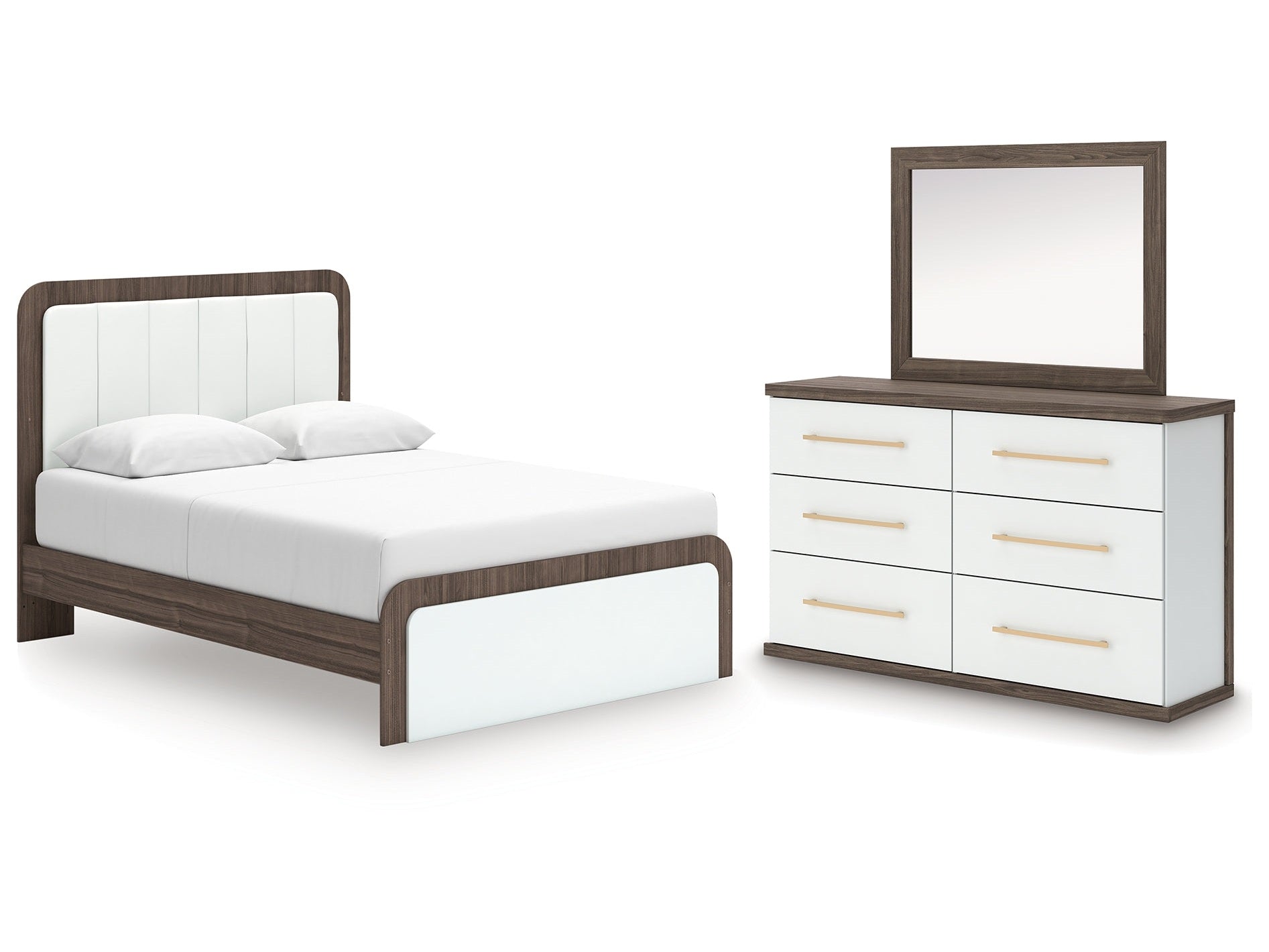 Kendanport /White Queen Upholstered Platform Bed, Dresser and Mirror, Brown