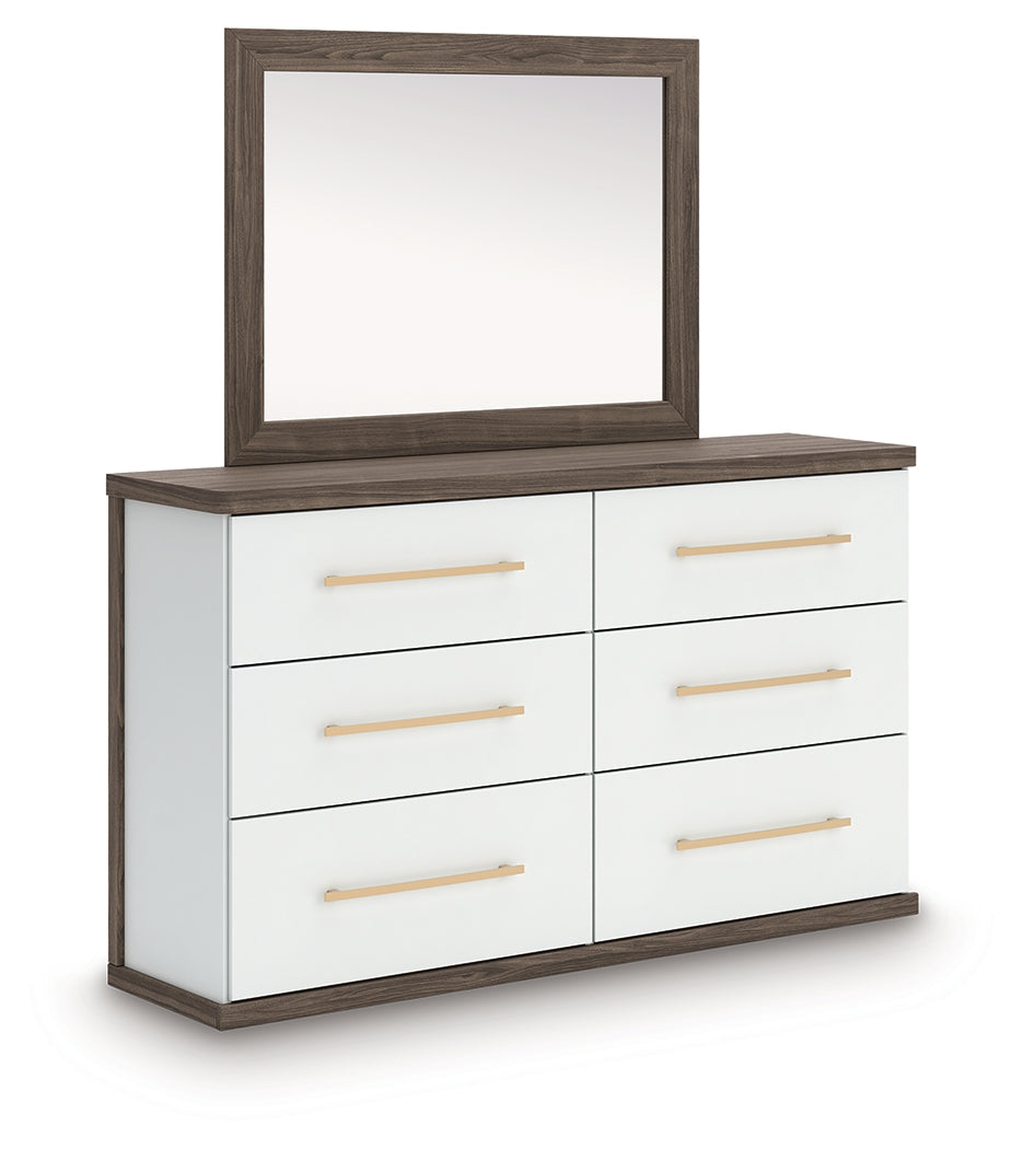 Kendanport /White Queen Upholstered Platform Bed, Dresser and Mirror, Brown