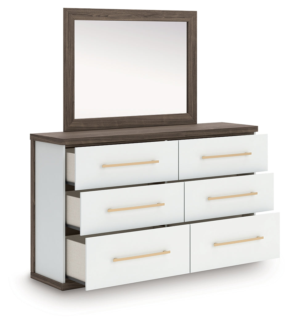 Kendanport /White Queen Upholstered Platform Bed, Dresser and Mirror, Brown