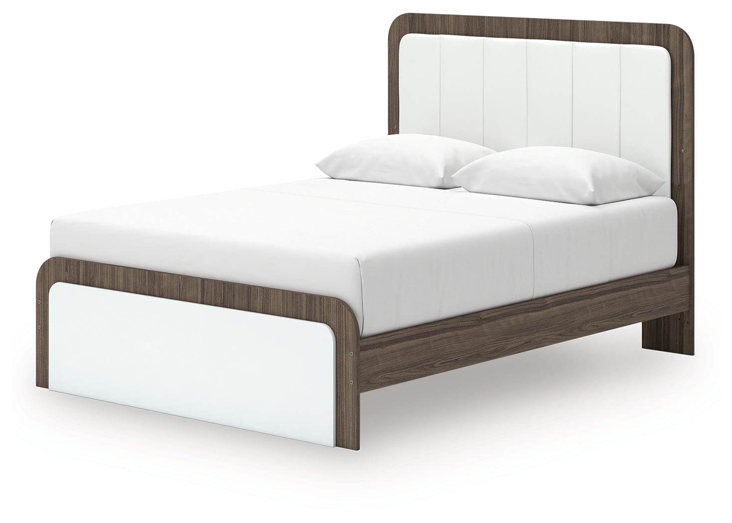 Kendanport /White Queen Upholstered Platform Bed, Dresser and Mirror, Brown