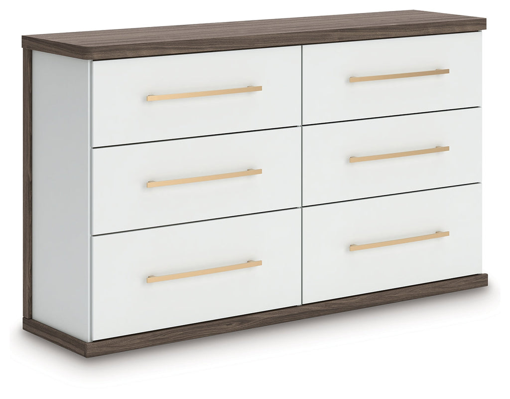 Kendanport White/Brown King Upholstered Bed, Dresser and Nightstand