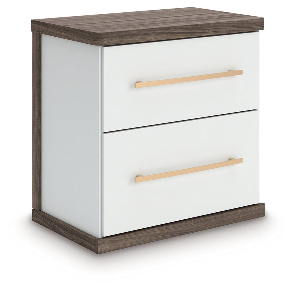 Kendanport White/Brown King Upholstered Bed, Dresser and Nightstand