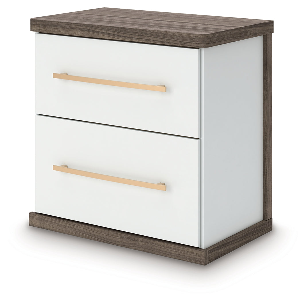 Kendanport White/Brown King Upholstered Bed, Dresser and Nightstand