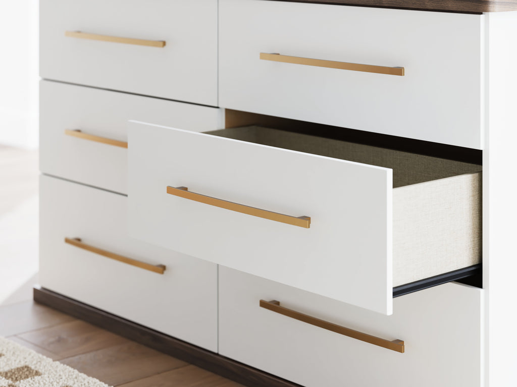 Kendanport White/Brown King Upholstered Bed, Dresser and Nightstand