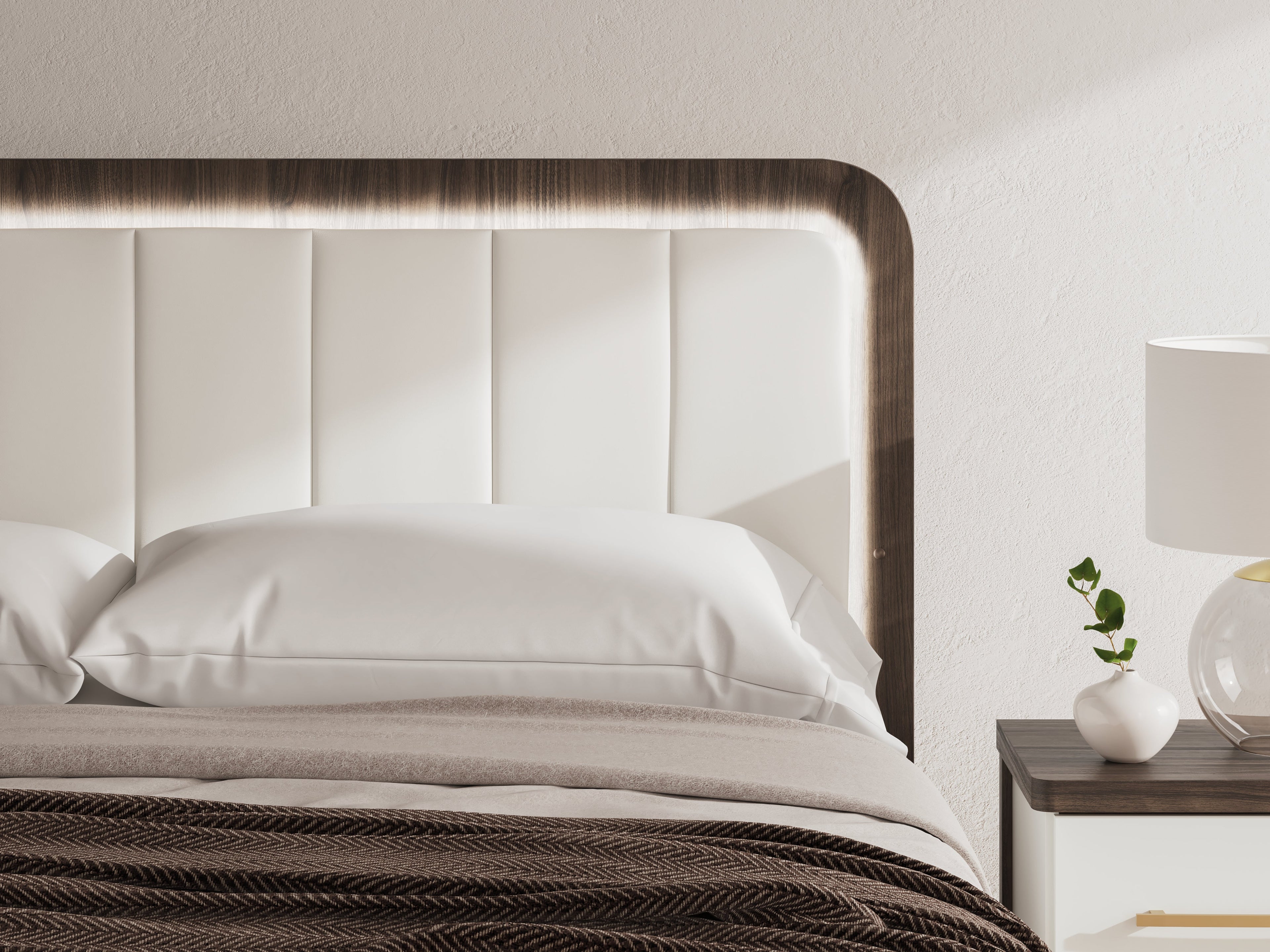 Kendanport White/Brown King Upholstered Bed, Dresser and Nightstand