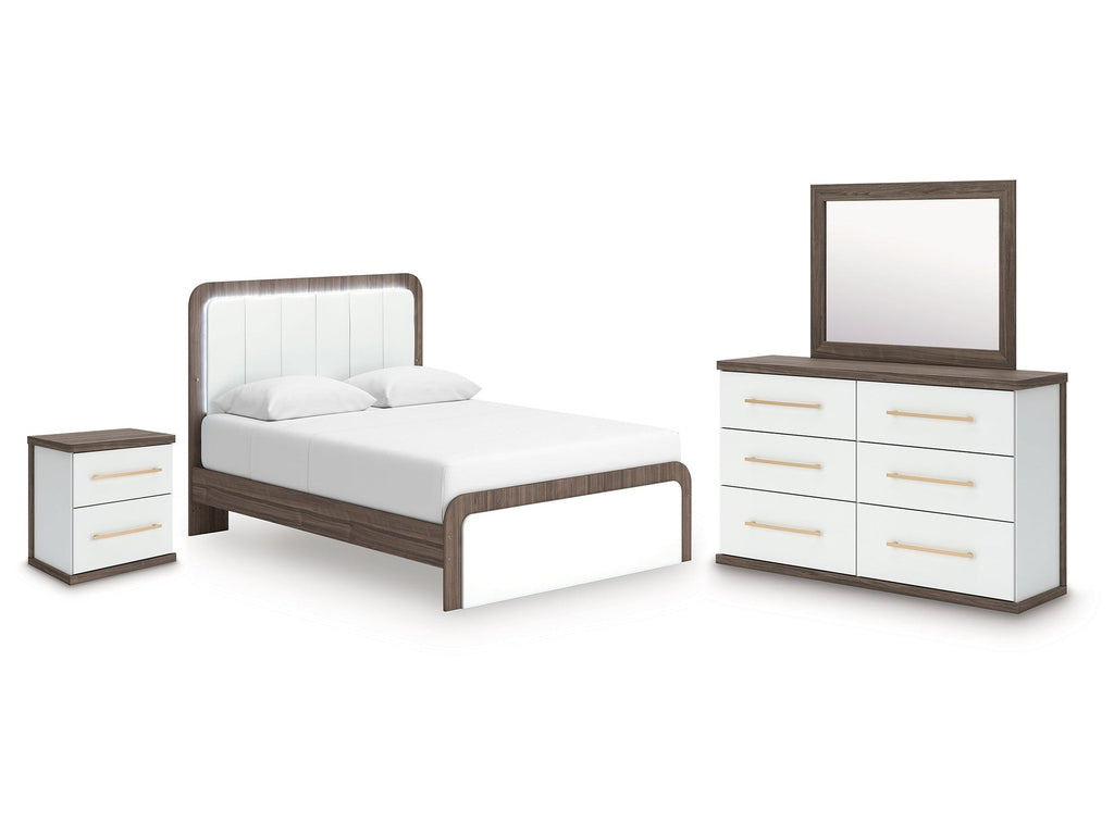 Kendanport /Brown Queen Upholstered Bed, Dresser, Mirror and Nightstand, White