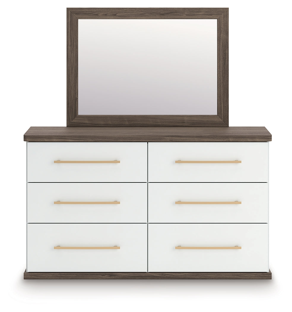 Kendanport /Brown Queen Upholstered Bed, Dresser, Mirror and Nightstand, White