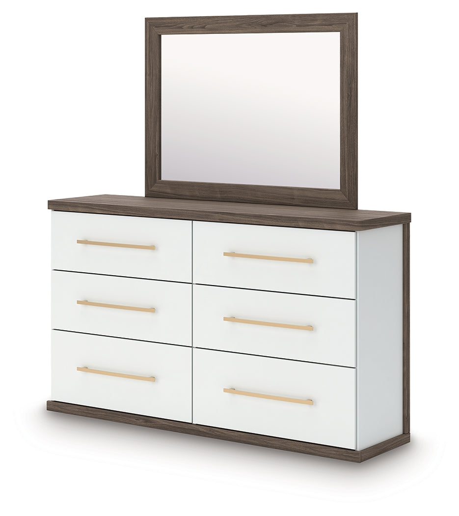 Kendanport /Brown Queen Upholstered Bed, Dresser, Mirror and Nightstand, White