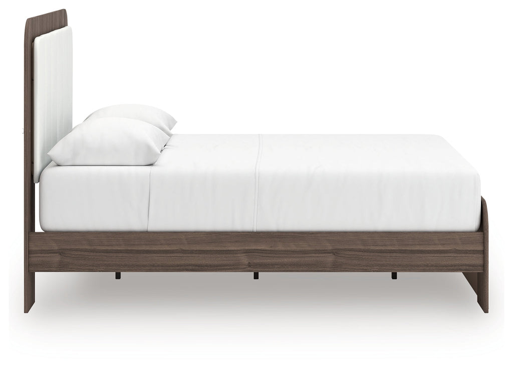 Kendanport /Brown Queen Upholstered Bed, Dresser, Mirror and Nightstand, White