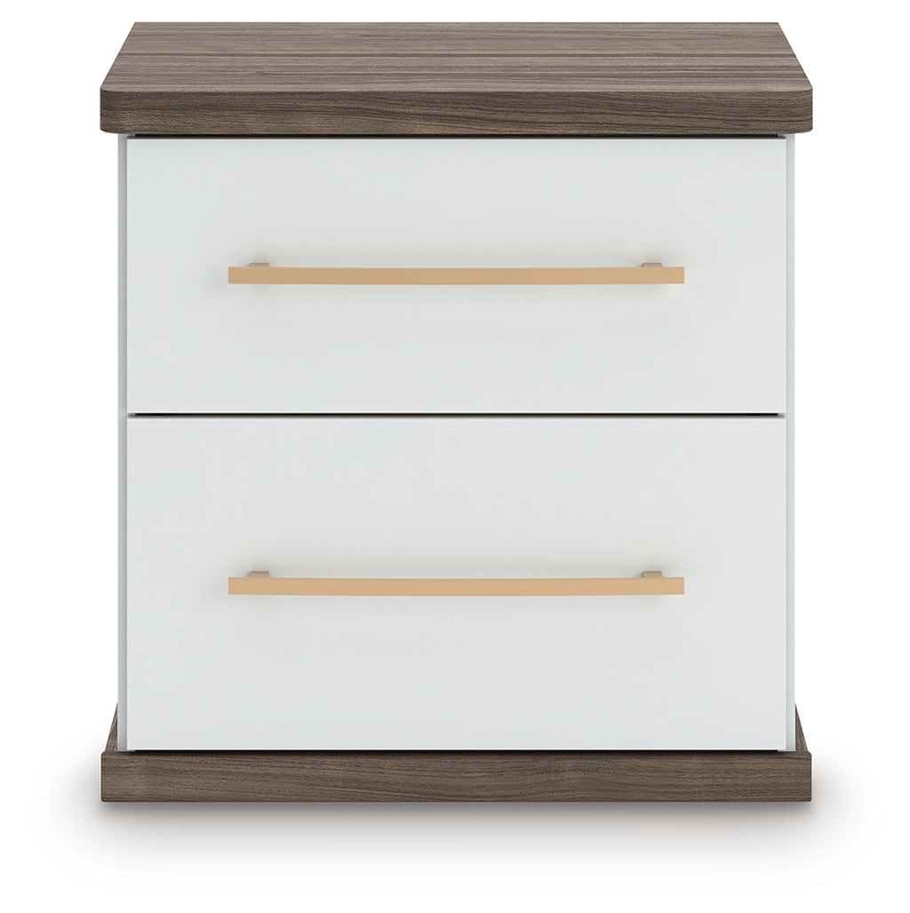 Kendanport /Brown Queen Upholstered Bed, Dresser, Mirror and Nightstand, White