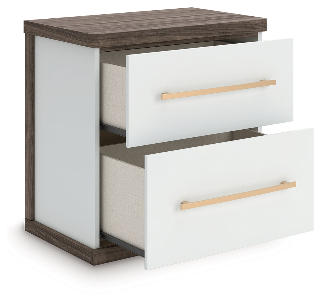 Kendanport /Brown Queen Upholstered Bed, Dresser, Mirror and Nightstand, White
