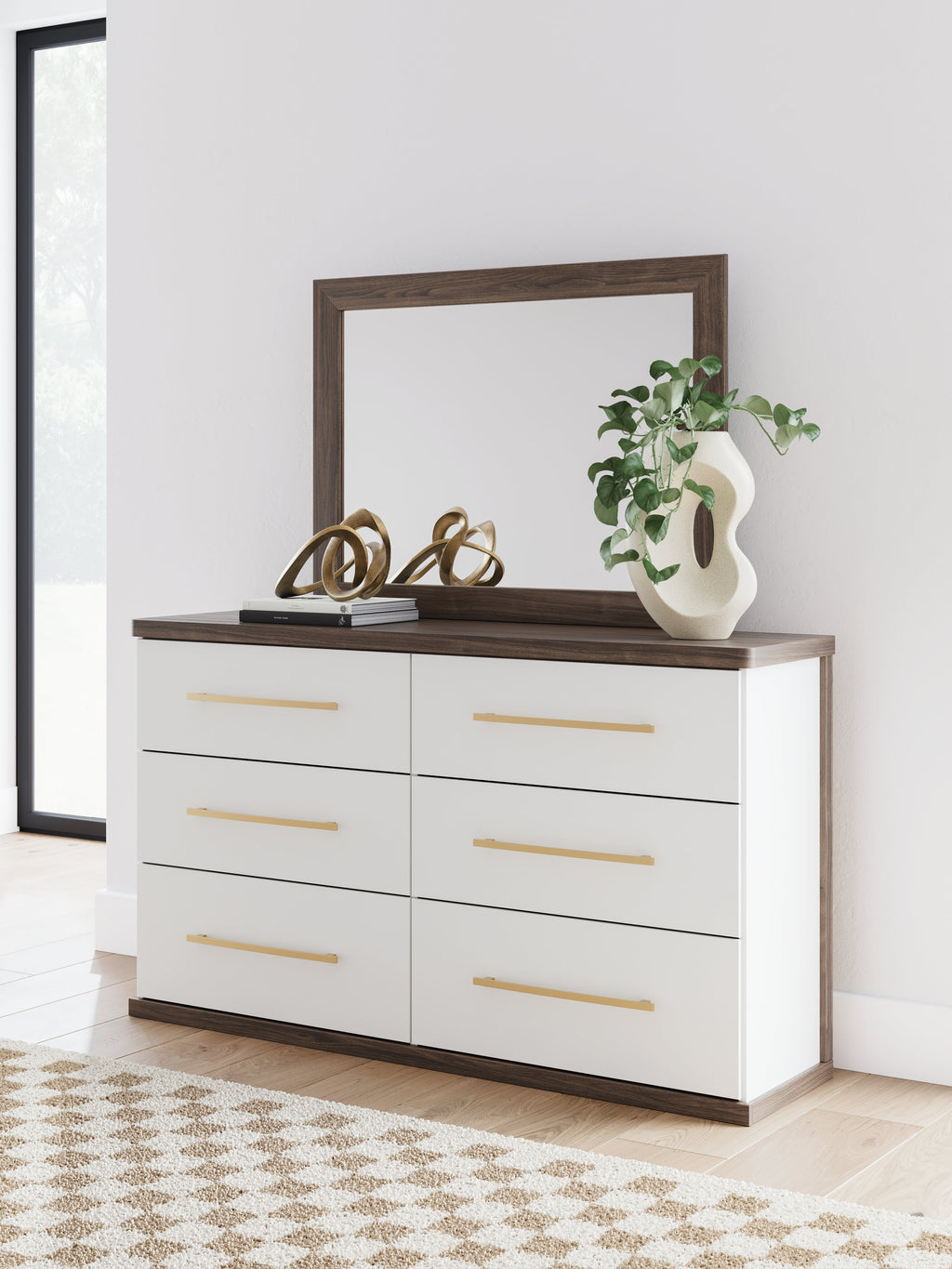 Kendanport /Brown Queen Upholstered Bed, Dresser, Mirror and Nightstand, White