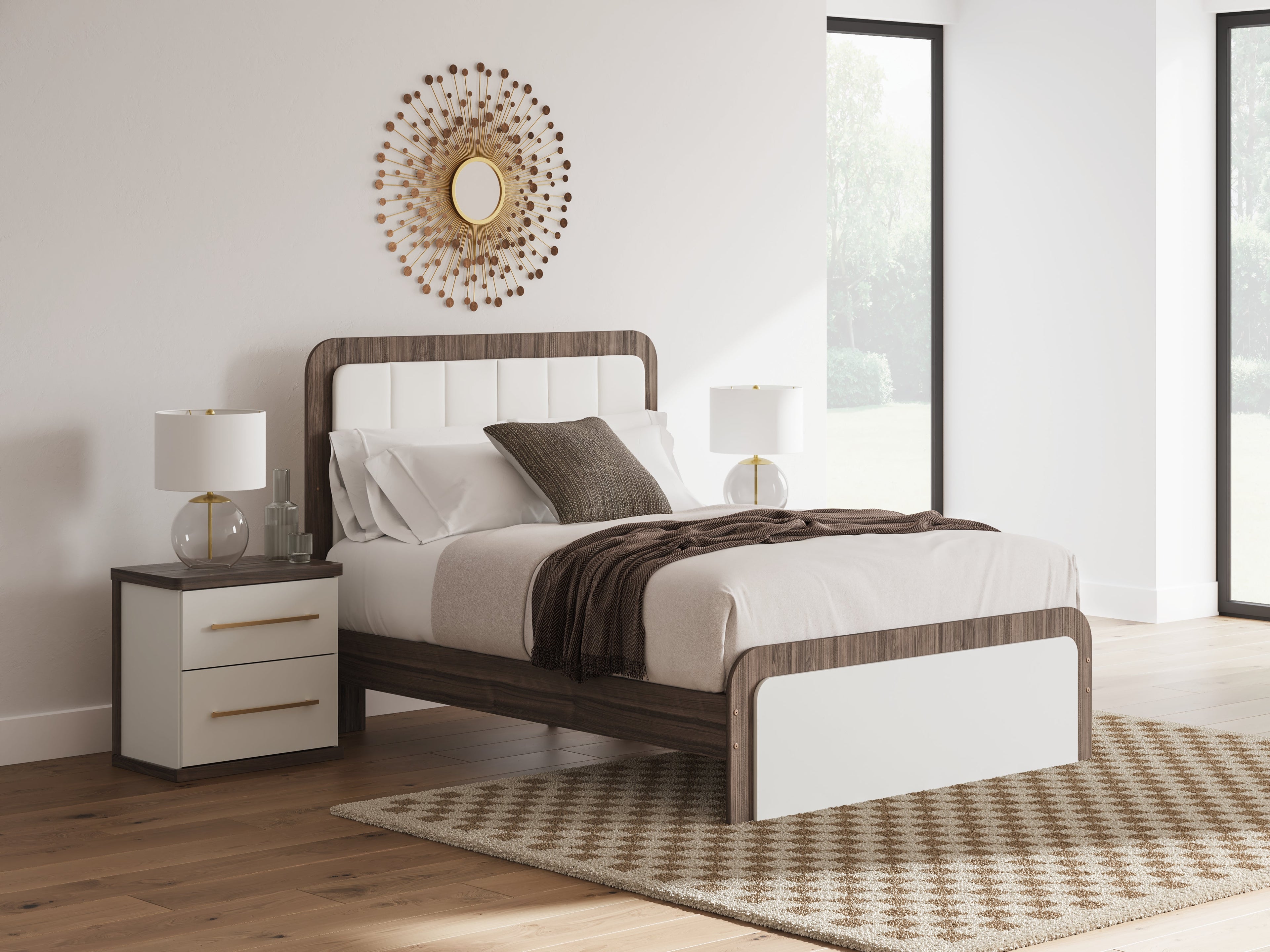 Kendanport /Brown Queen Upholstered Bed, Dresser, Mirror and Nightstand, White
