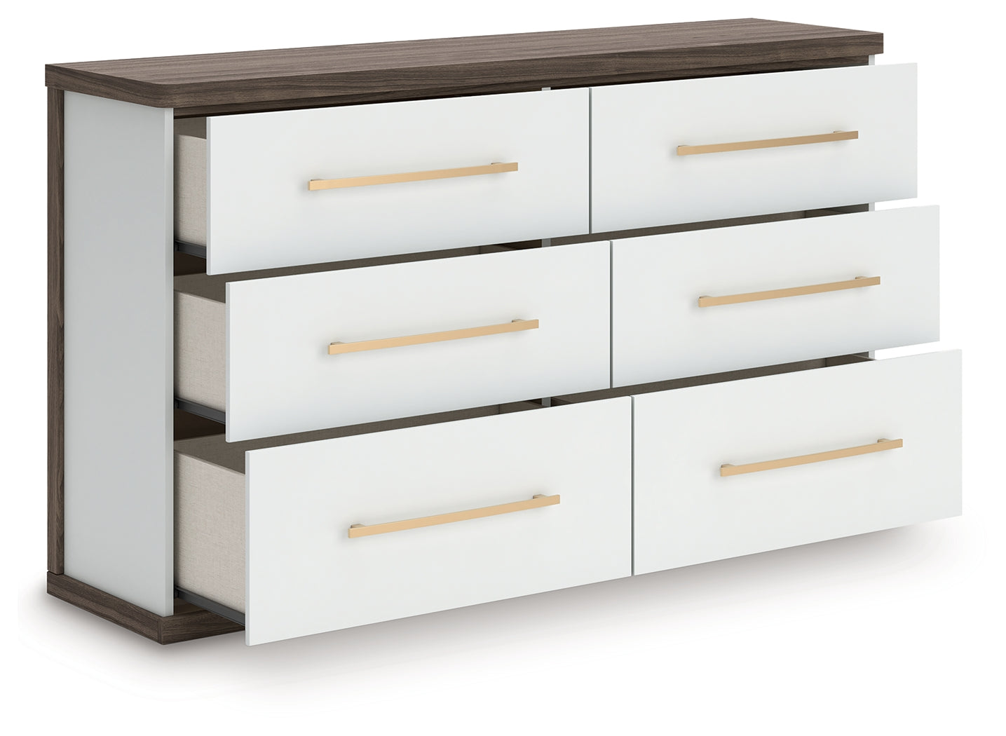 Kendanport White/Brown Queen Upholstered Bed, Dresser and Nightstand