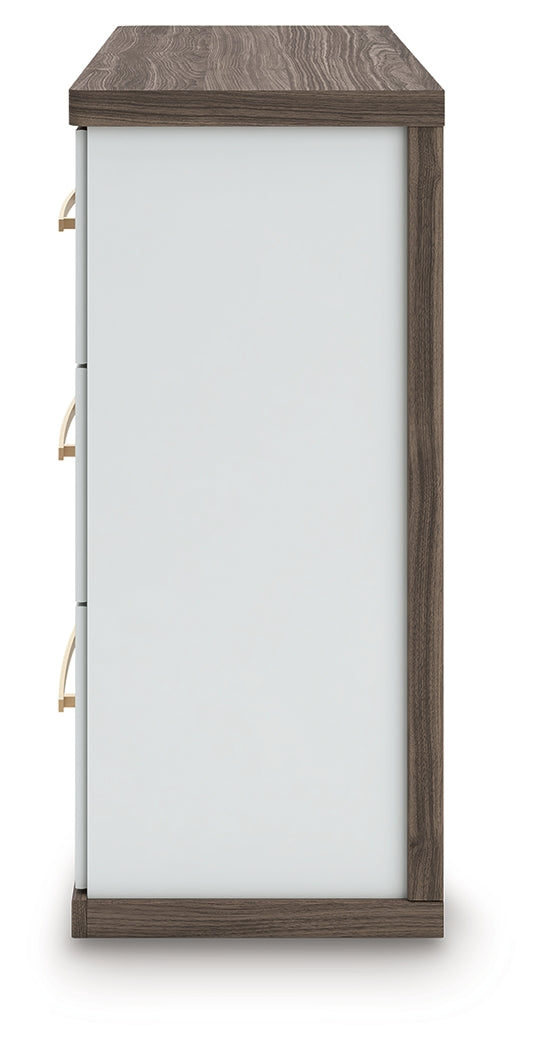 Kendanport White/Brown Queen Upholstered Bed, Dresser and Nightstand