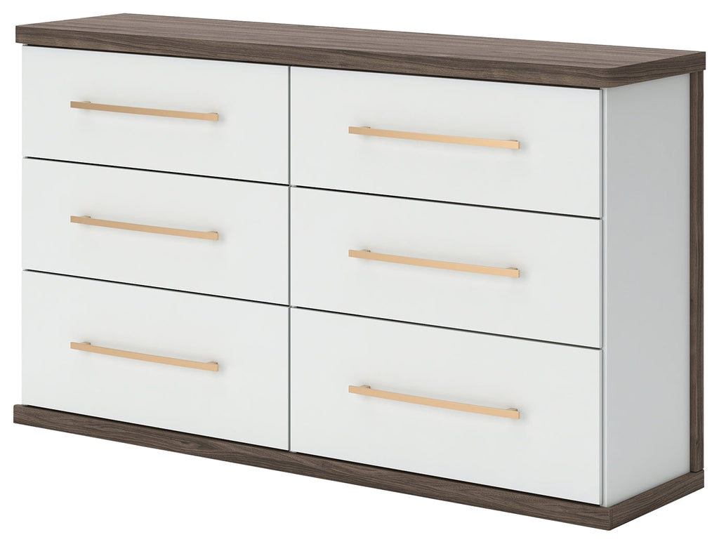 Kendanport White/Brown Queen Upholstered Bed, Dresser and Nightstand