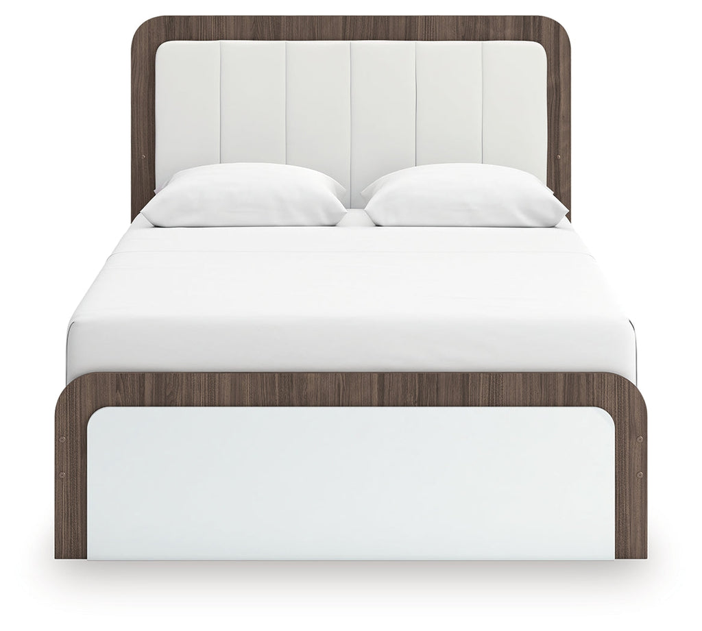 Kendanport White/Brown Queen Upholstered Bed, Dresser and Nightstand