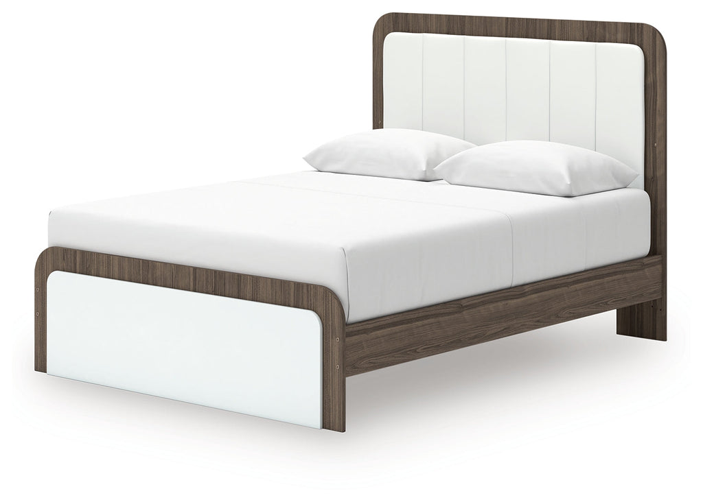 Kendanport White/Brown Queen Upholstered Bed, Dresser and Nightstand