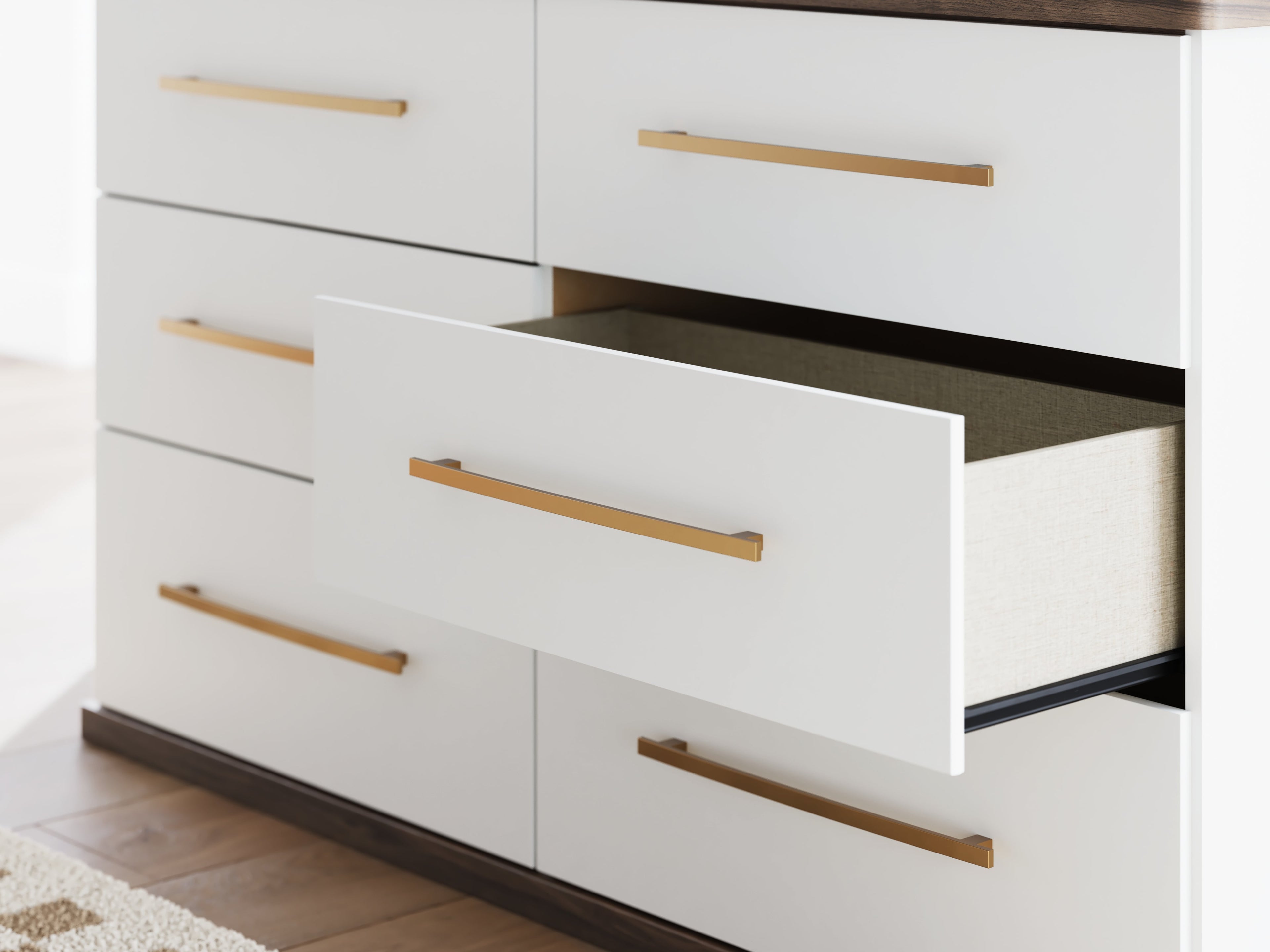 Kendanport White/Brown Queen Upholstered Bed, Dresser and Nightstand