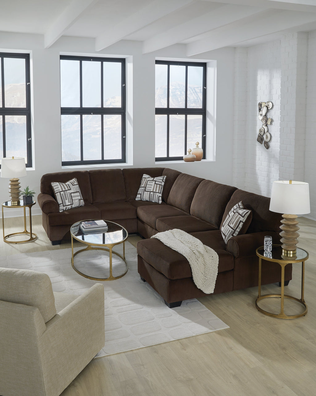 Kimlee Chocolate 3-Piece Sectional with Right Chaise