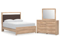 Kinlanni Tan/Brown Queen Upholstered Panel Bed, Dresser and Mirror