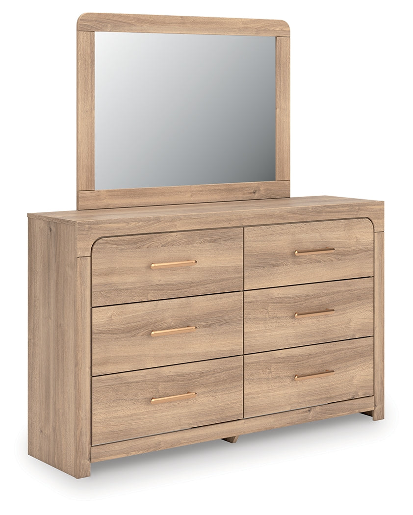 Kinlanni Tan/Brown Queen Upholstered Panel Bed, Dresser and Mirror
