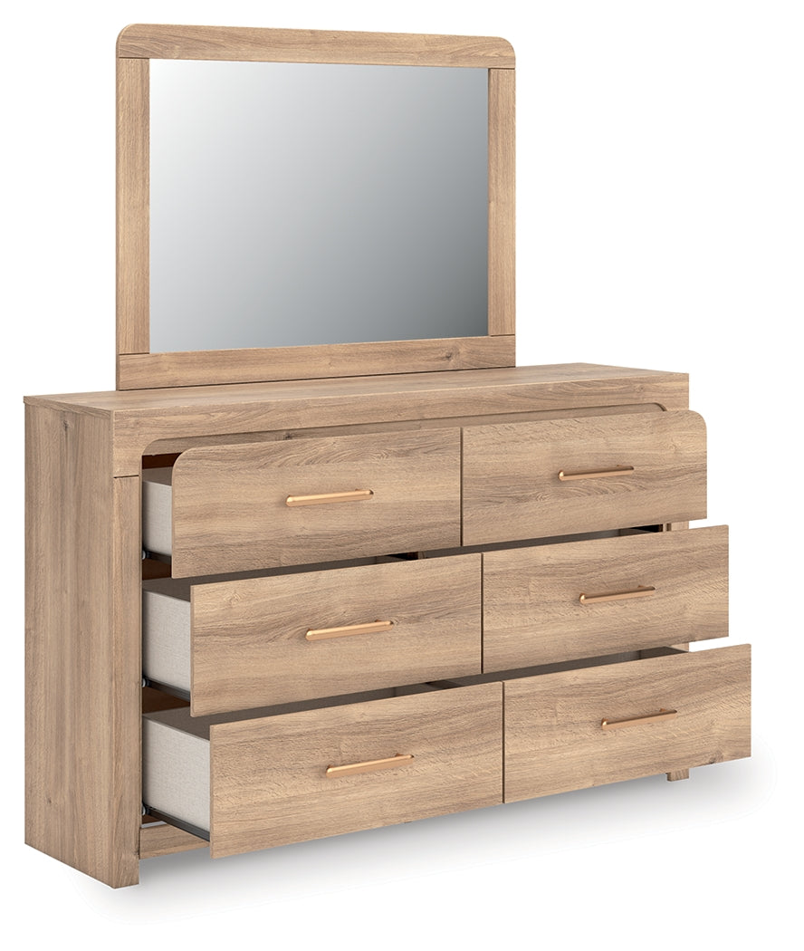 Kinlanni Tan/Brown Queen Upholstered Panel Bed, Dresser and Mirror