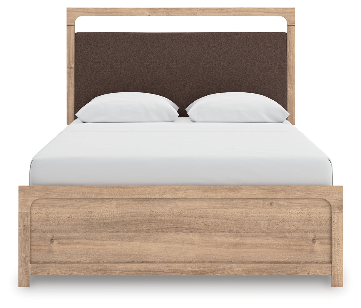 Kinlanni Tan/Brown Queen Upholstered Panel Bed, Dresser and Mirror
