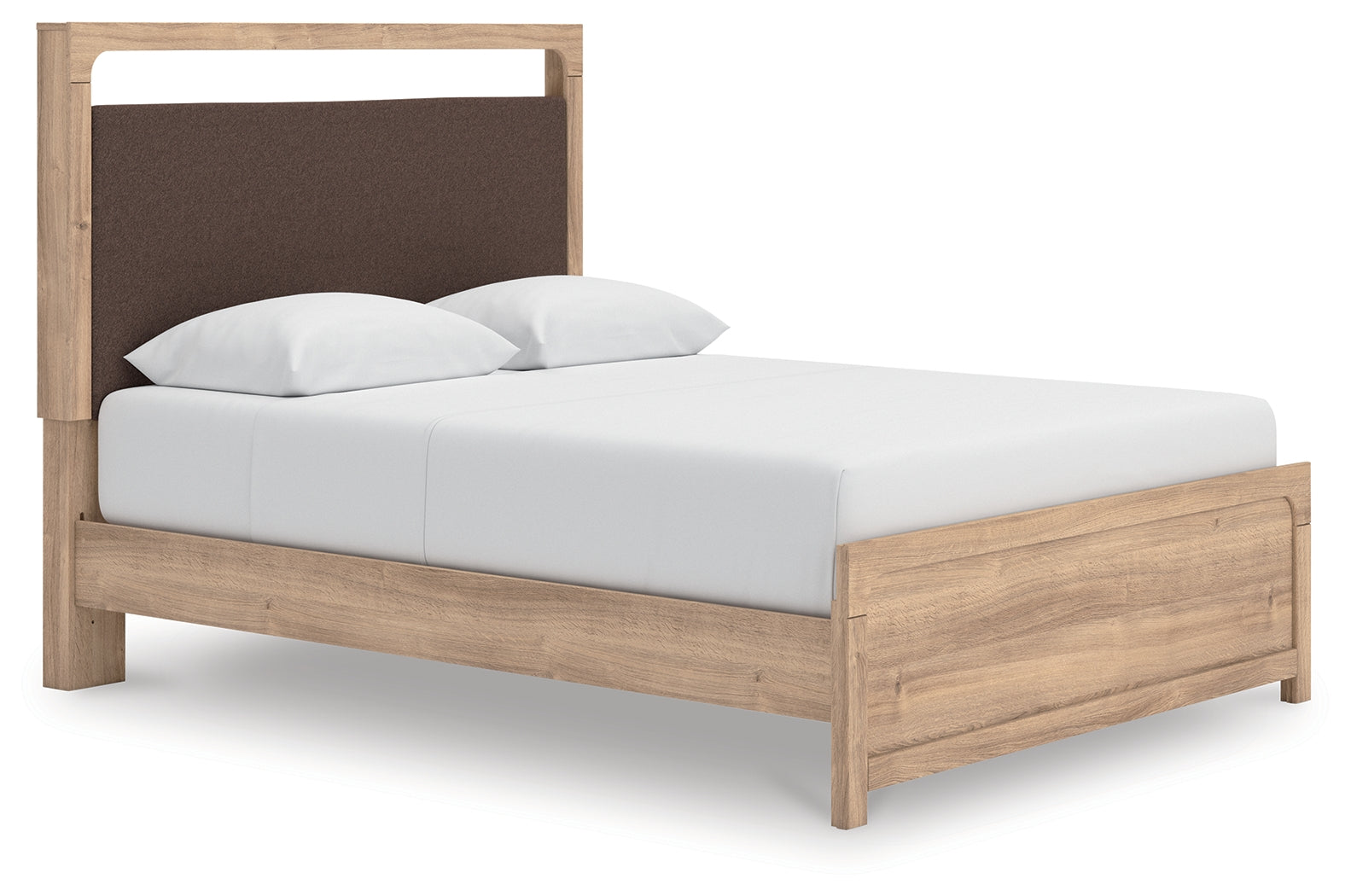 Kinlanni Tan/Brown Queen Upholstered Panel Bed, Dresser and Mirror