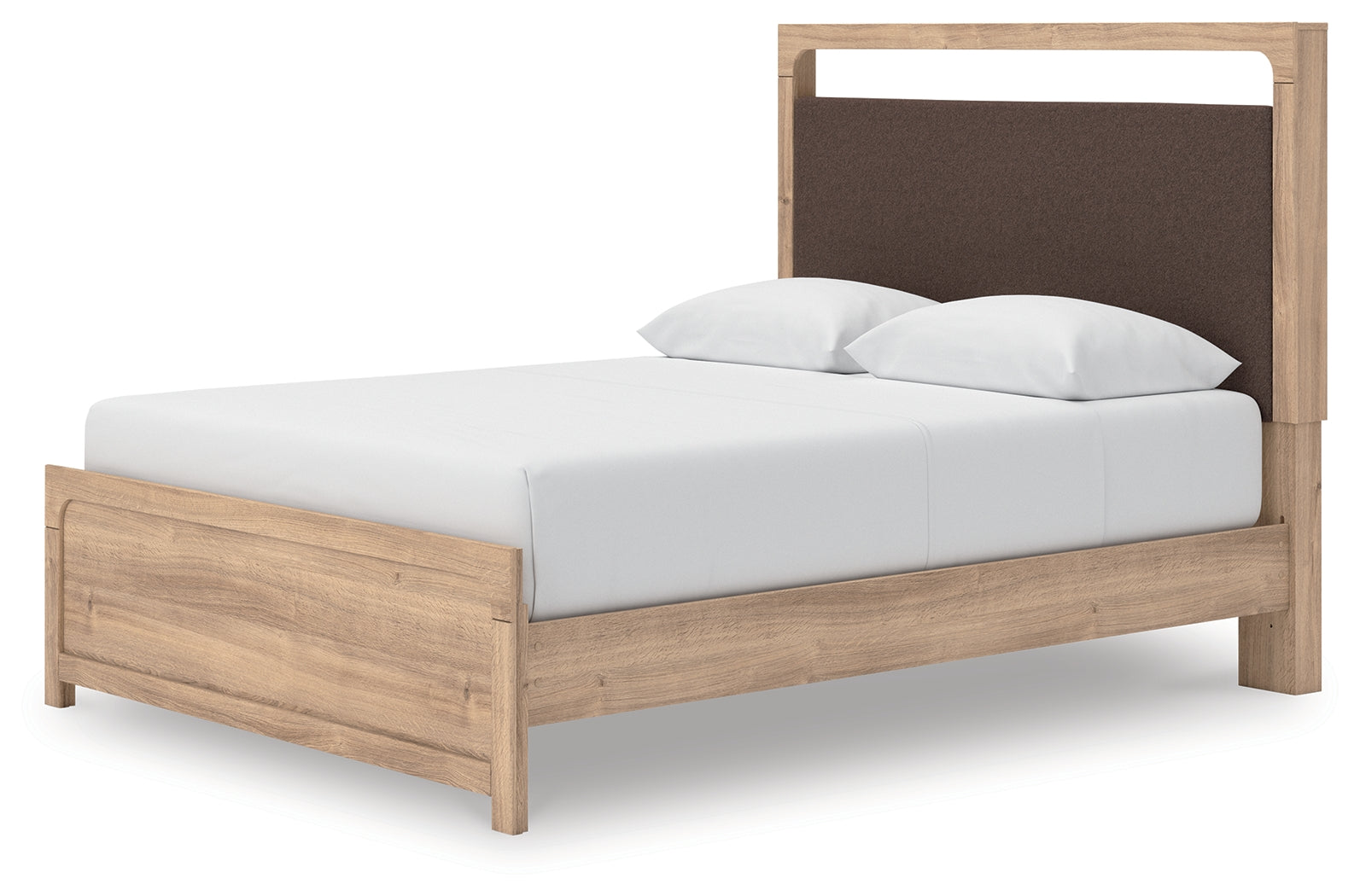 Kinlanni Tan/Brown Queen Upholstered Panel Bed, Dresser and Mirror